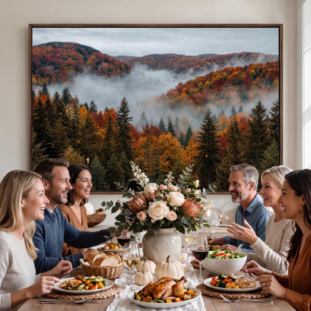 26686263-_Poster-30x20 - Misty Autumn Forest Mountain Canvas Print 3 Panel Wall Art Gallery Wrapped Floating Frame Poster Made in USA