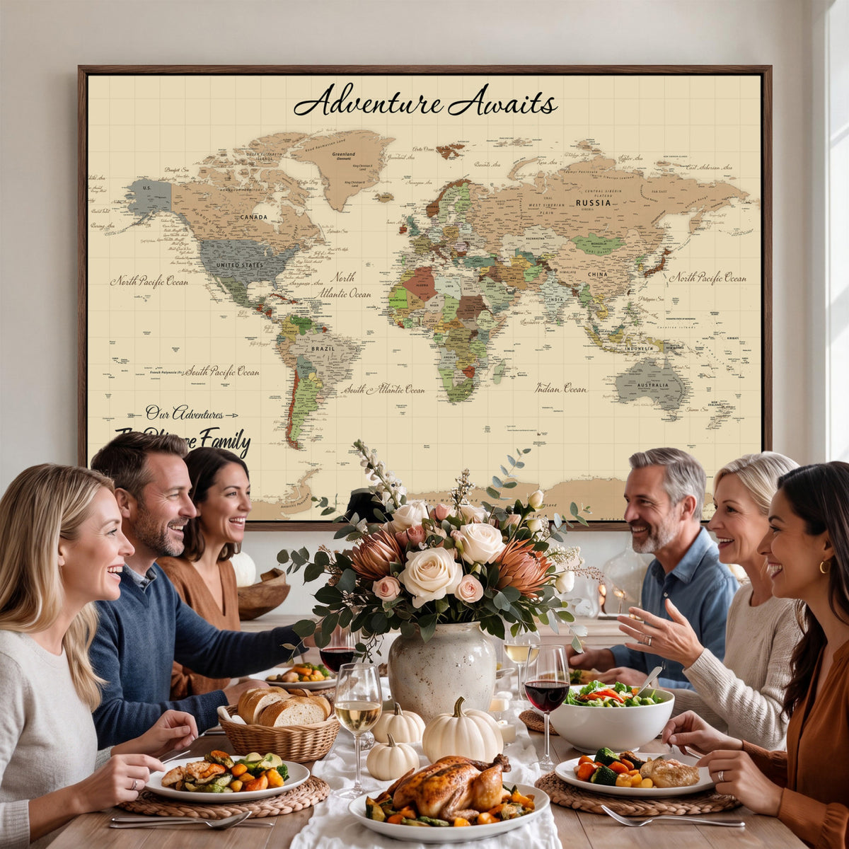 25730261D-MGV-CV-36X24 - Custom Push Pin World Map Wall Art Canvas Print | Personalized Travel Tracker with Pins Framed Large for Home and Office Decor