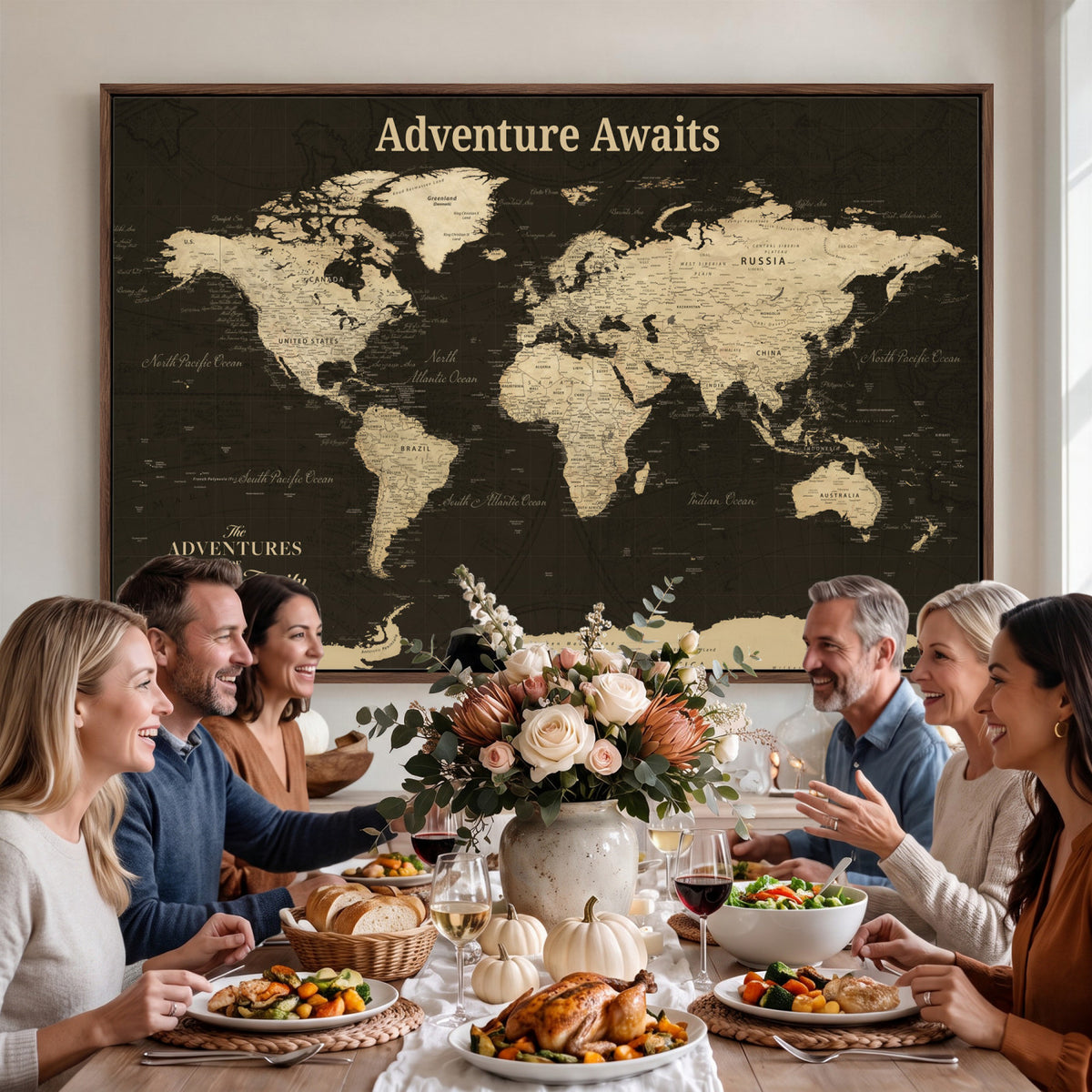47597338D-MGV-CV-36X24 - Custom Push Pin World Map Wall Art Canvas Print | Personalized Travel Tracker with Pins Framed Large for Home and Office Decor