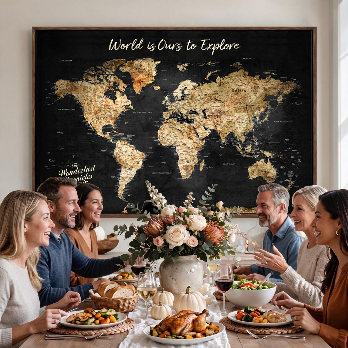 73732636D-MGV-CV-36X24 - Custom Push Pin World Map Wall Art Canvas Print | Personalized Travel Tracker with Pins Framed Large for Home and Office Decor