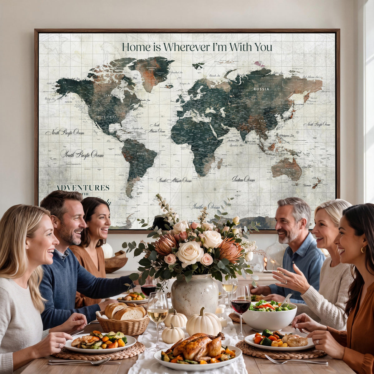 98050124D-MGV-CV-36X24 - Custom Push Pin World Map Wall Art Canvas Print | Personalized Travel Tracker with Pins Framed Large for Home and Office Decor