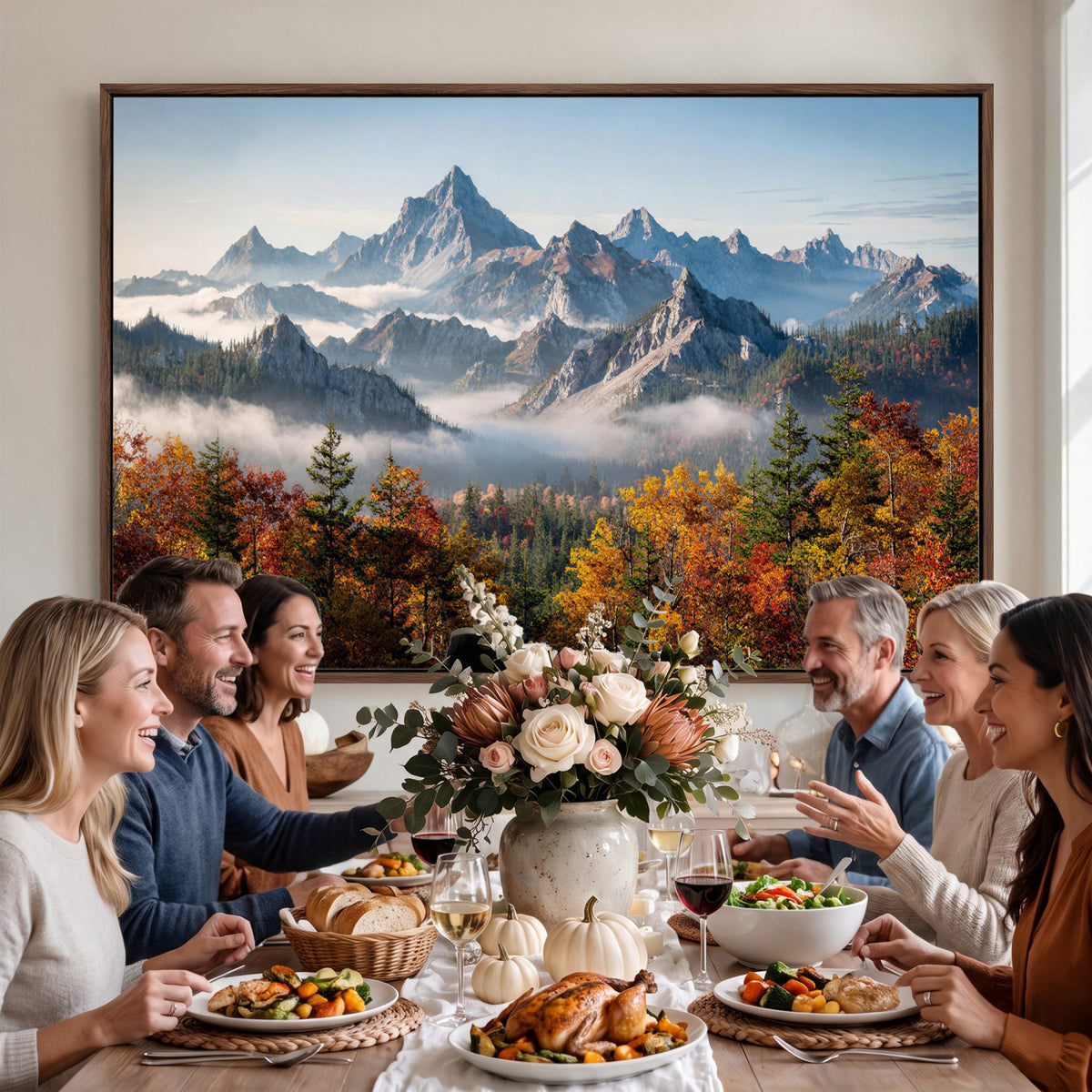 38847944-MGV-TP-30X20 - Majestic Mountain Peak Canvas Wall Art - Panoramic Autumn Forest Fog Landscape Print