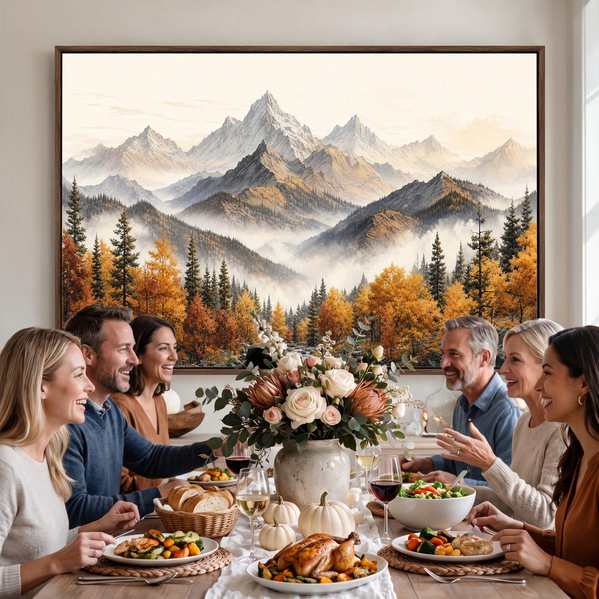 21309099-MGV-TP-30X20 - Extra Large Misty Mountain Autumn Forest Canvas Wall Art - Watercolor Fall Nature Landscape Print