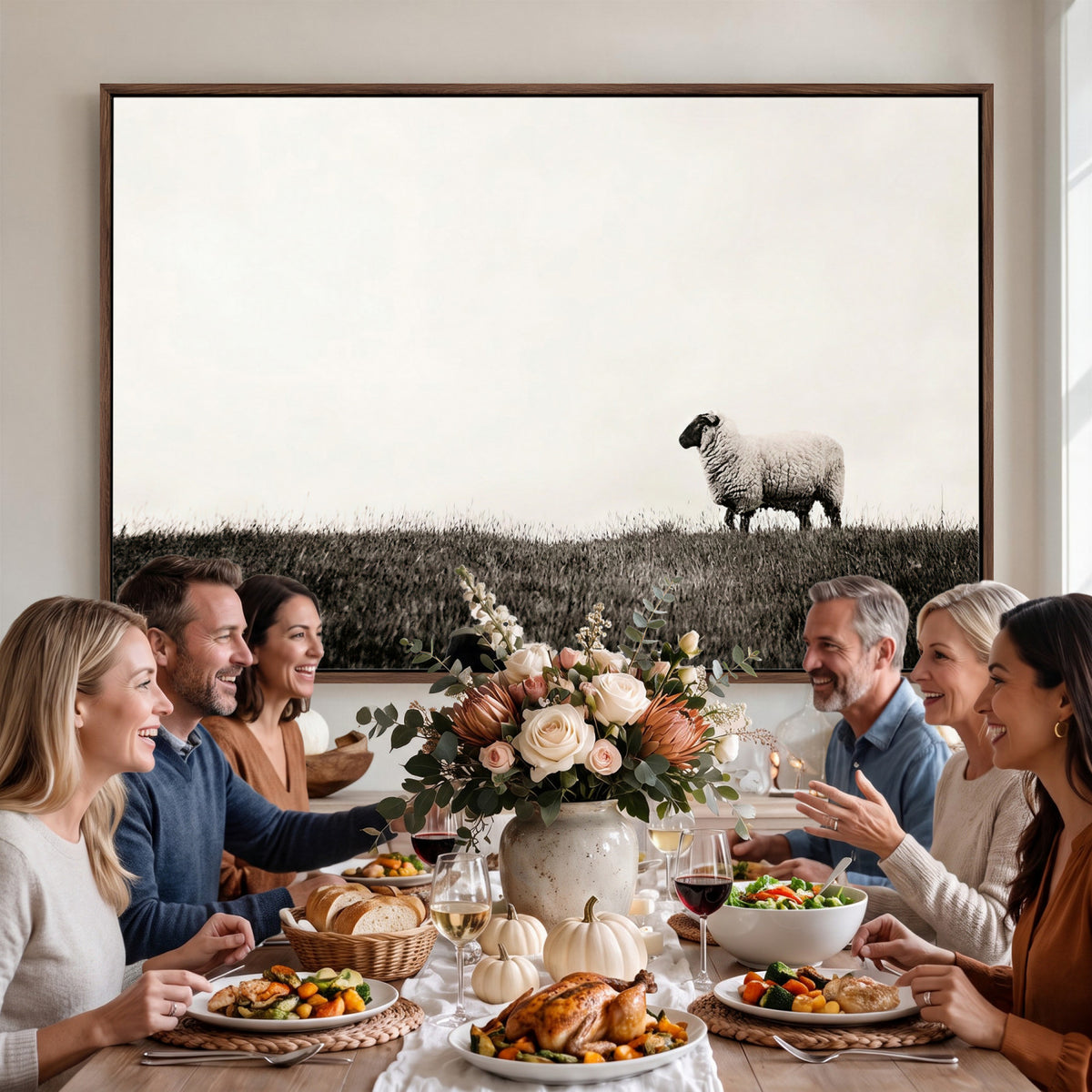 72749448-MGV-TP-30X20 - Minimalist Sepia Sheep Canvas Wall Art - Rustic Farmhouse Country Landscape Print