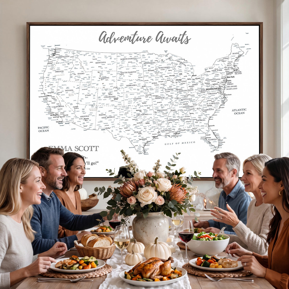 73634814-MGV-CV-36X24 - Custom USA Push Pin Travel Map Canvas Wall Art - Personalized Couples Gift Flat Digital Print