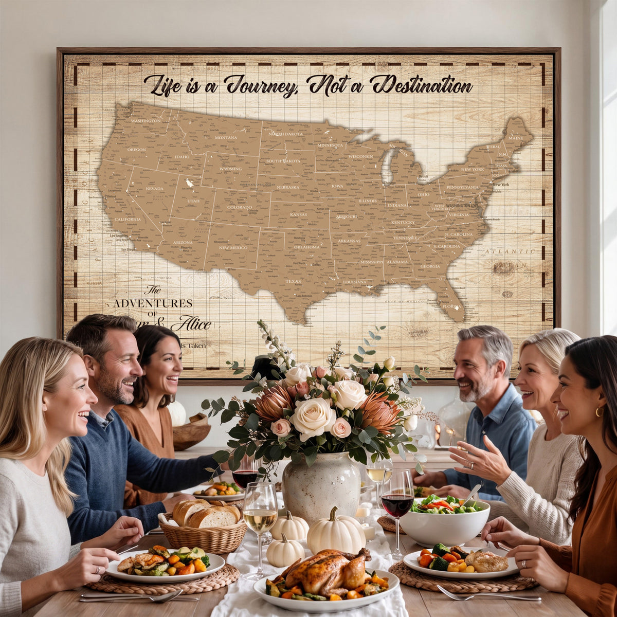 82934328-MGV-CV-36X24 - Custom USA Push Pin Travel Map Canvas Wall Art - Personalized Couples Gift Flat Digital Print