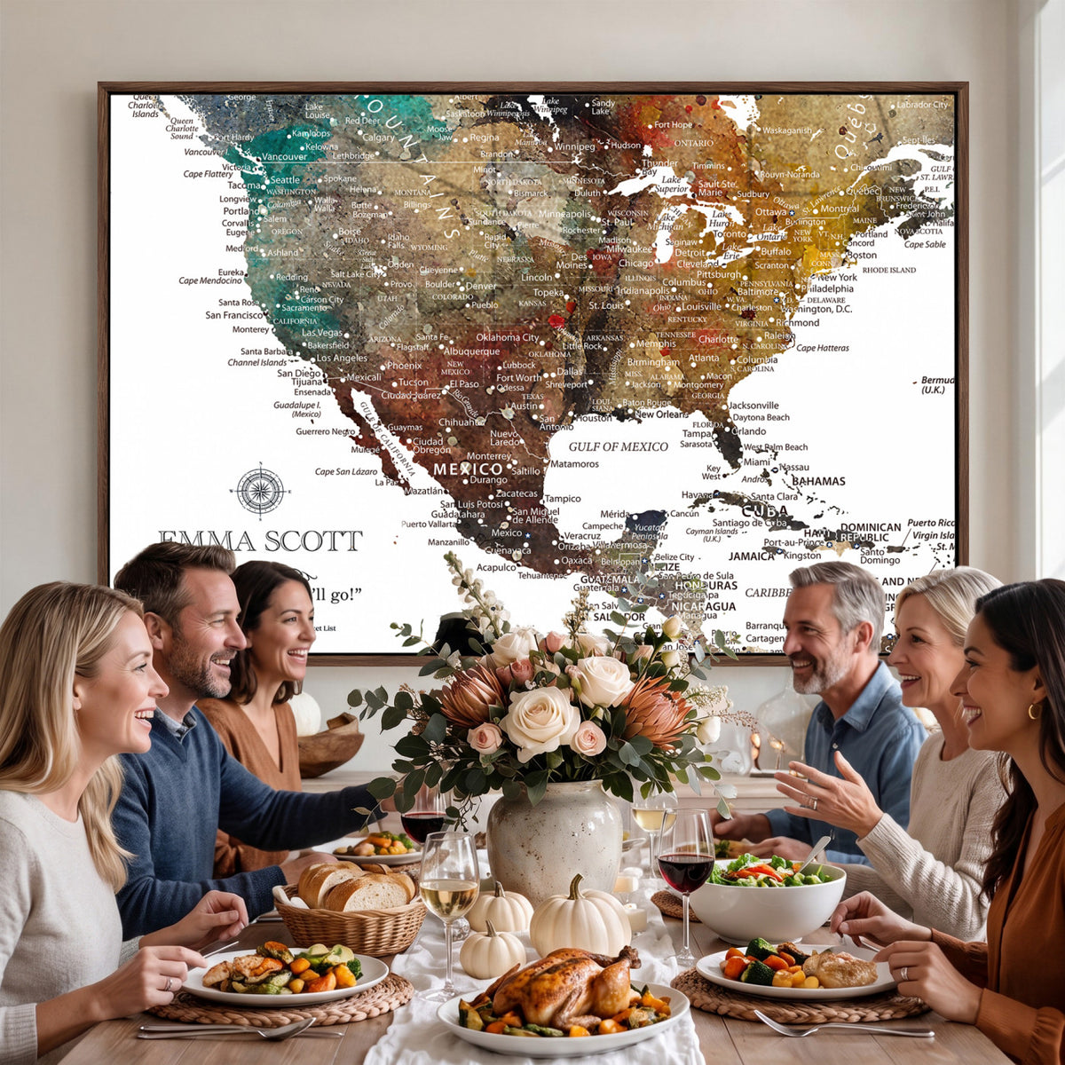 53374031-MGV-CV-36X24 - Custom USA Push Pin Travel Map Canvas Wall Art - Personalized Couples Gift Flat Digital Print