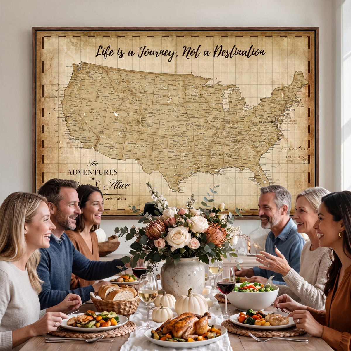 90686209-MGV-CV-36X24 - Custom USA Push Pin Travel Map Canvas Wall Art - Personalized Couples Gift Flat Digital Print