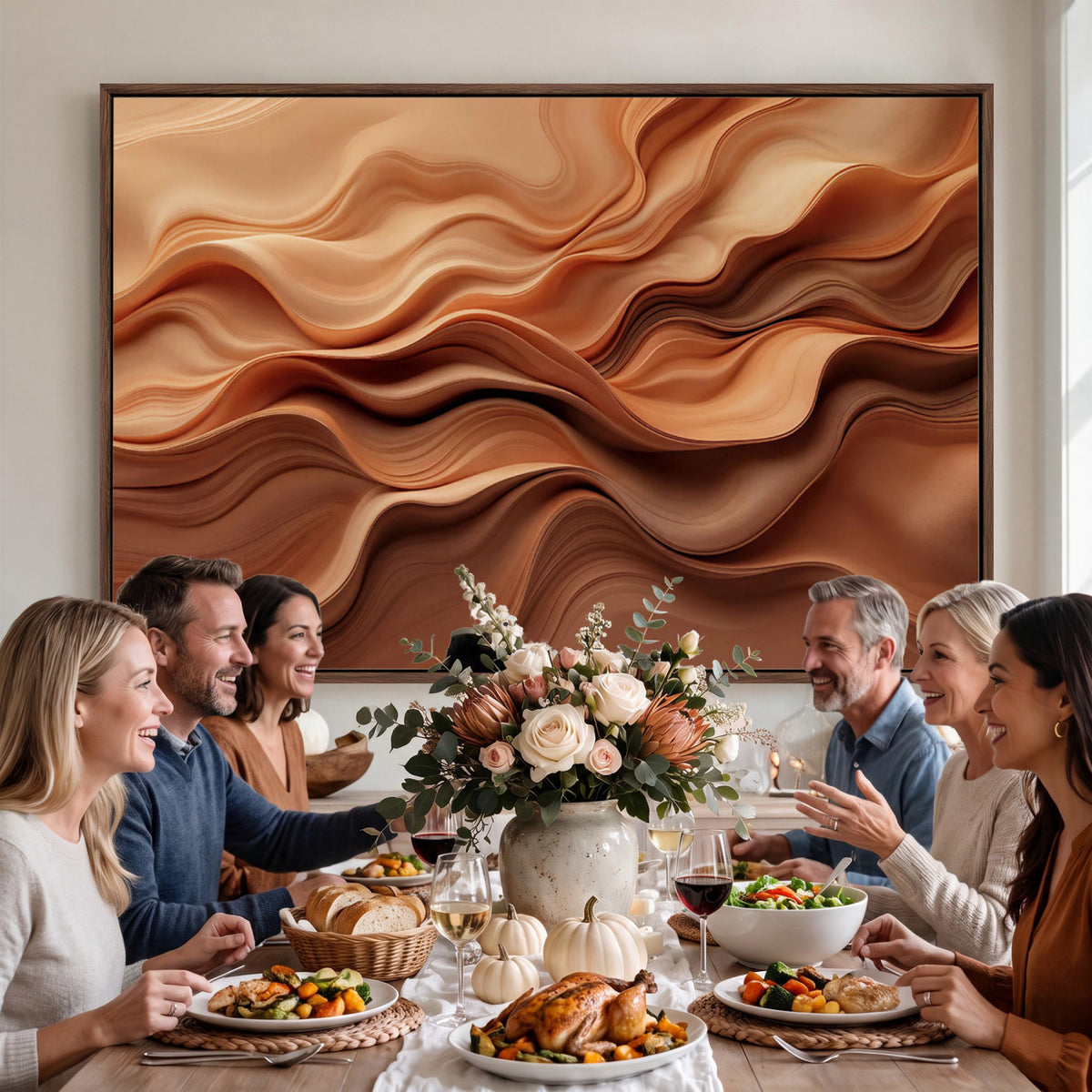 82230697-MGV-CV-36X24 - Modern Abstract Fluid Waves Canvas Wall Art - Minimalist Warm Terracotta Beige Sand Print