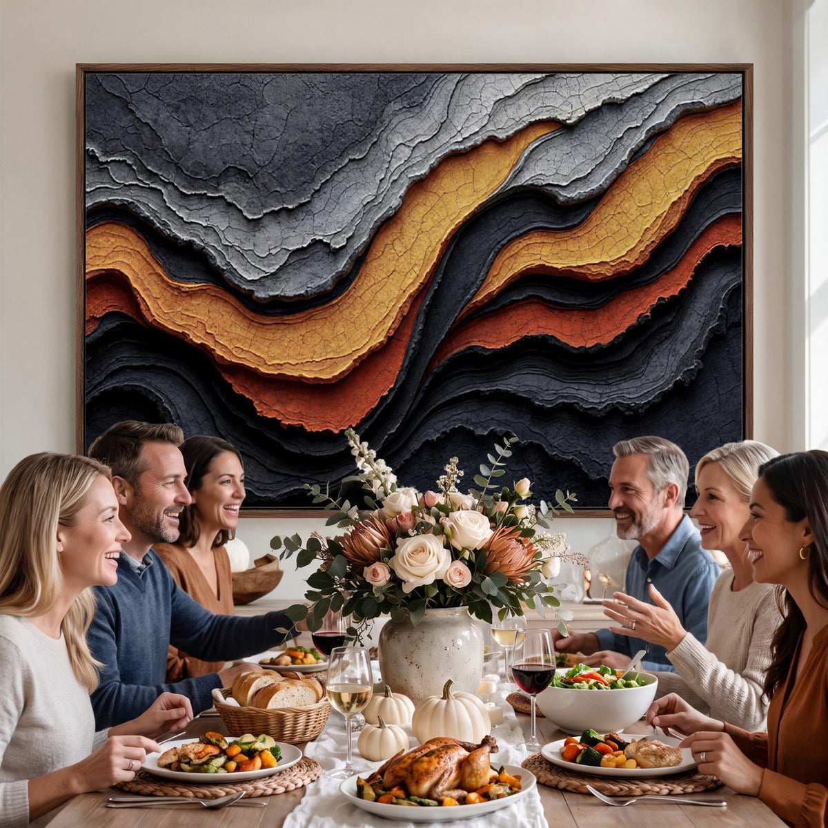59852489-MGV-CV-36X24 - Abstract Waves Canvas Wall Art - Modern Terracotta and Charcoal Gray Print