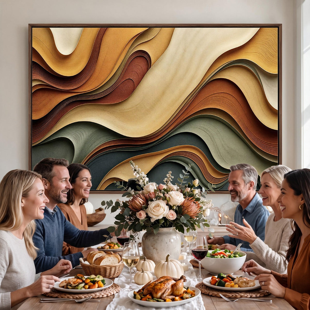 19337902-_Poster-30x20 - Modern Abstract Waves Canvas Wall Art - Minimalist Earthy Tone Living Room Decor