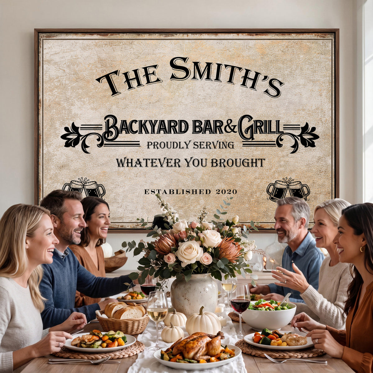 Custom Backyard Bar & Grill Sign, Personalized Family Name Arch Canvas