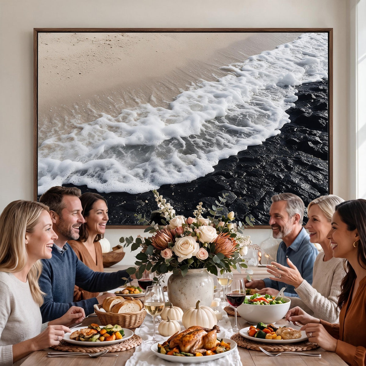 27448606-MGV-CV-24X16 - Ocean Wave Foam on Black Lava Rock Beach Canvas Wall Art Print