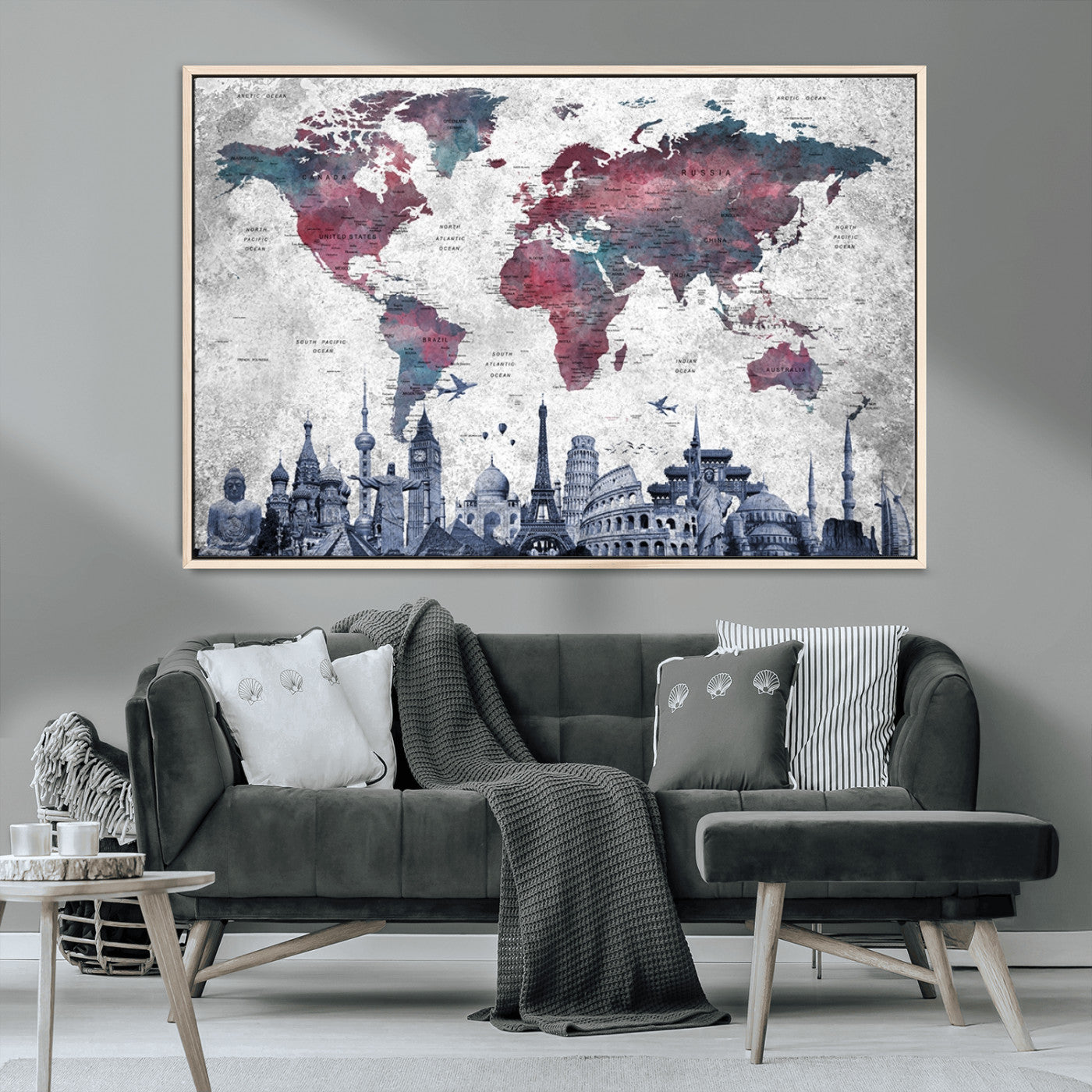 MGV-FC-36X24 - Push Pin World Map Canvas Print – Framed Wall Art for Couples to Track Their Travels – Anniversary