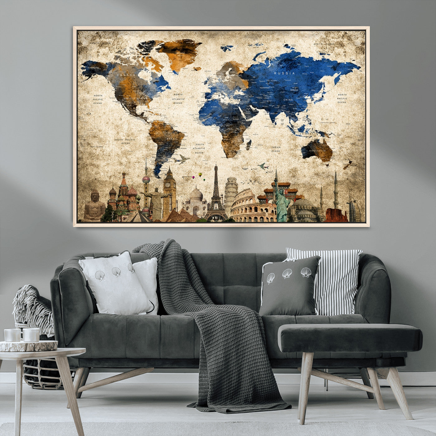MGV-FC-36X24 - Push Pin World Map Canvas Print – Framed Wall Art for Couples to Track Their Travels – Anniversary