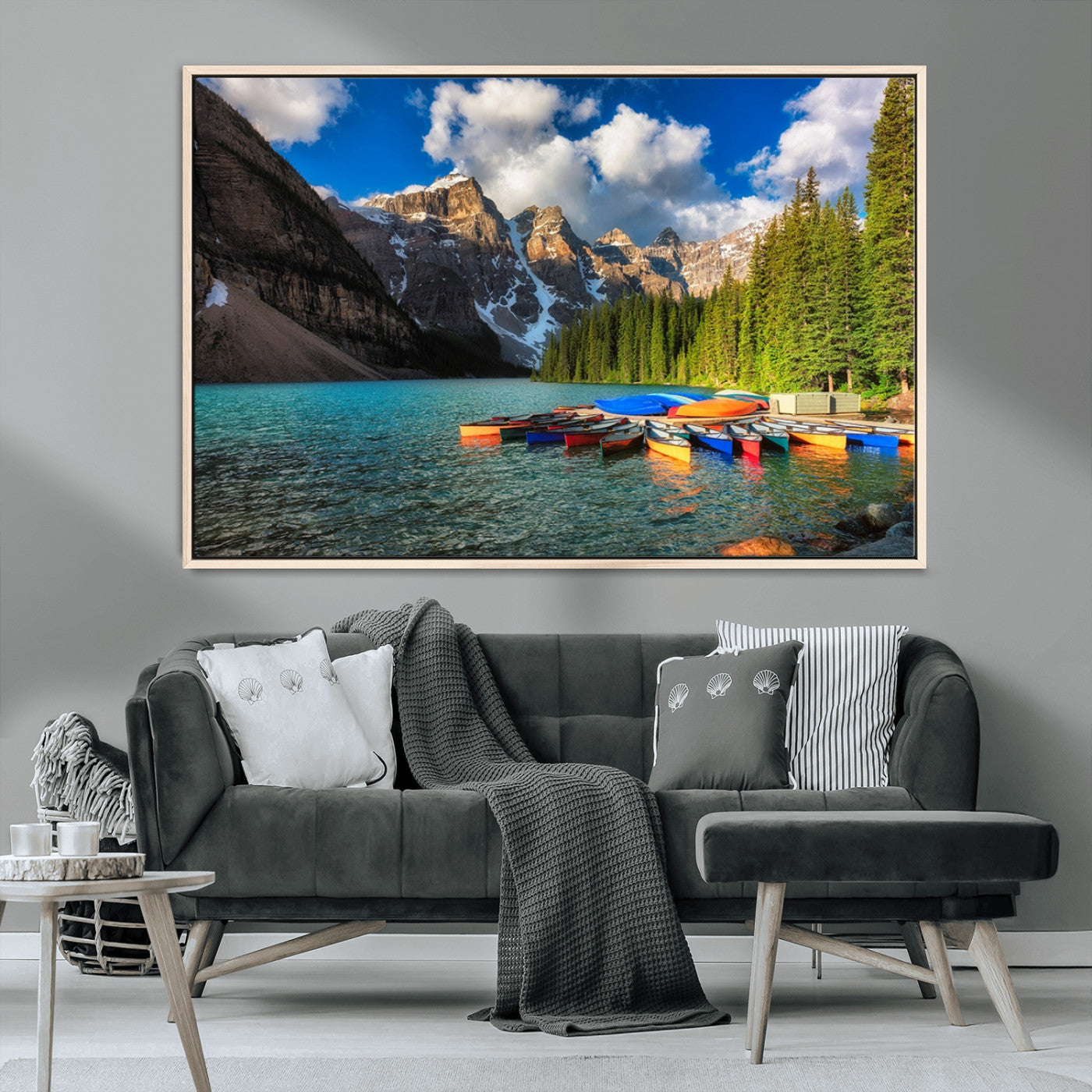 MGV-FC-36X24 - Moraine Lake 3-Panel Wall Art, Majestic Mountain and Lake Landscape Canvas Print Canoes on Moraine