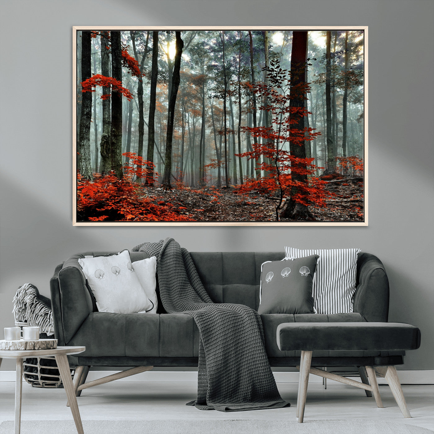 MGV-FC-36X24 - Autumn Forest Canvas Wall Art – Enchanting Red Leaves Triptych Print – Nature-Inspired Decor for