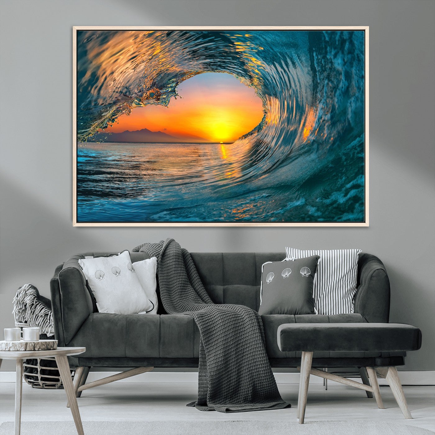 MGV-FC-36X24 - Ocean Wave Sunset Wall Art | Large Coastal Wave Canvas Print | 3-Panel Ocean Sunset Seascape for