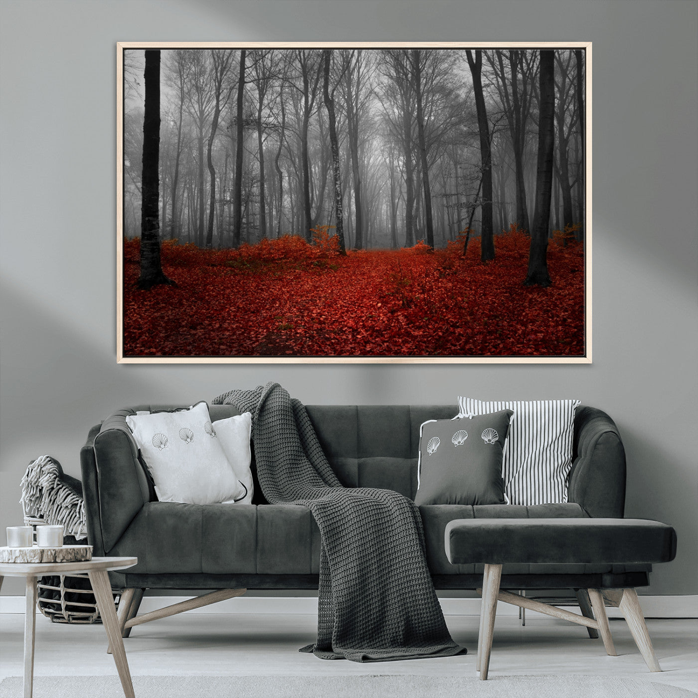 MGV-FC-36X24 - Red Forest Floor Canvas Wall Art – Mystical Foggy Woodland Triptych – Nature-Inspired Decor for