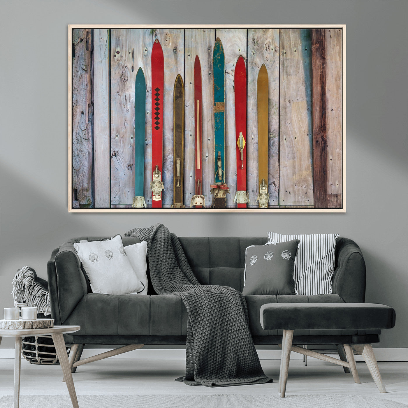 MGV-FC-36X24 - Vintage Wooden Weathered Ski's in Front of an Old Barn Wall Art Canvas Print for Farmhouse, Cabin