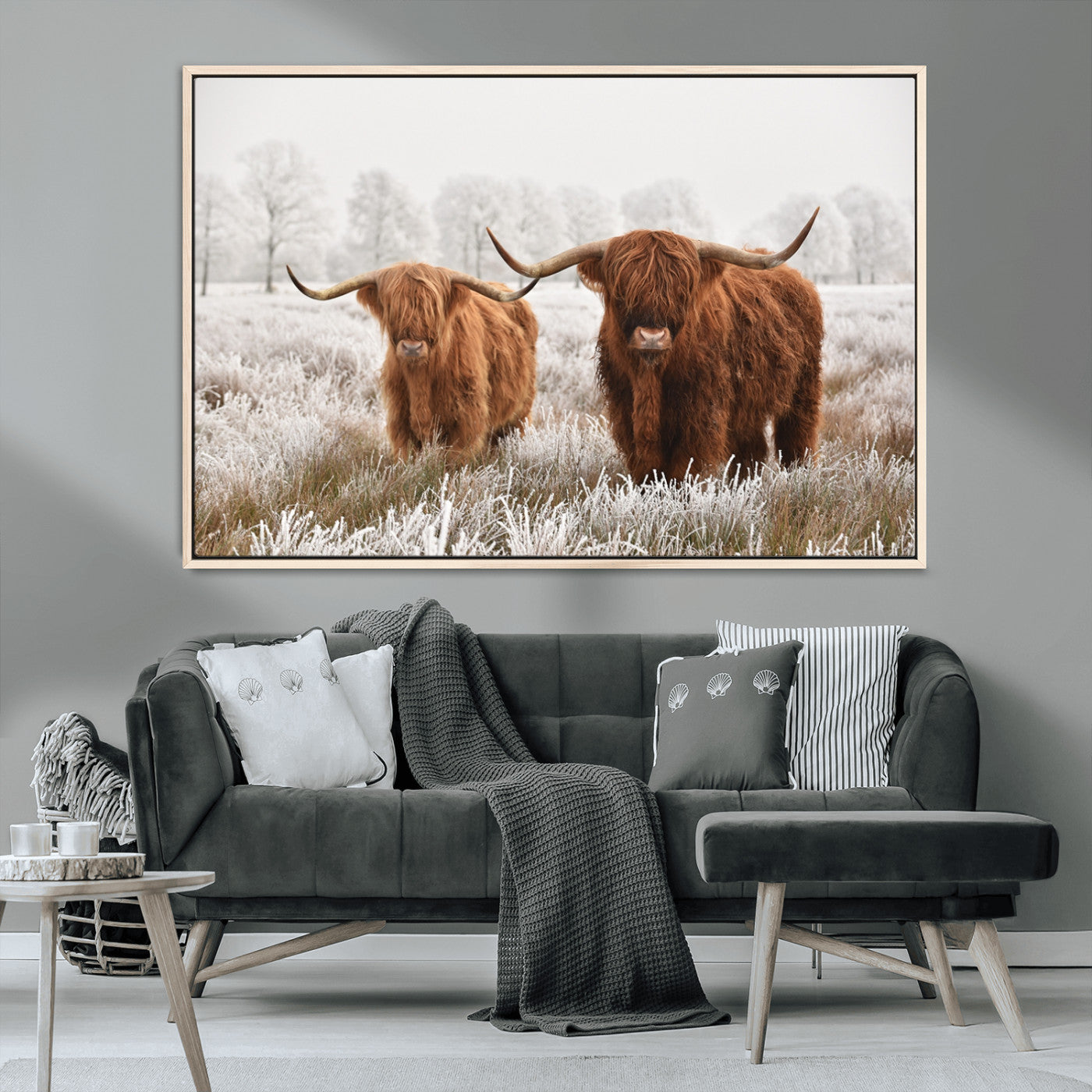 MGV-FC-36X24 - Longhorn Cattle Wall Art Canvas Print, Framed Farmhouse Style Art Picture Print, Rustic Cow Perfect Rustic Farmhouse Decor Artwork