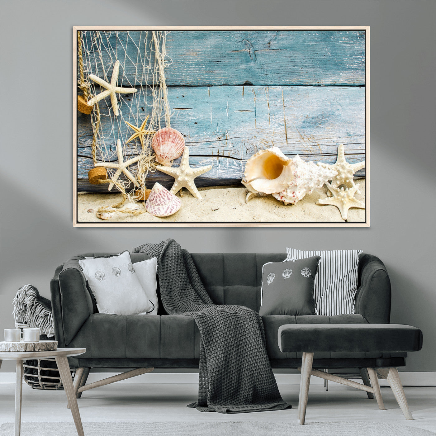 MGV-FC-36X24 - Seashells on Rustic Wooden Background, Seashells Wall Art Canvas Print