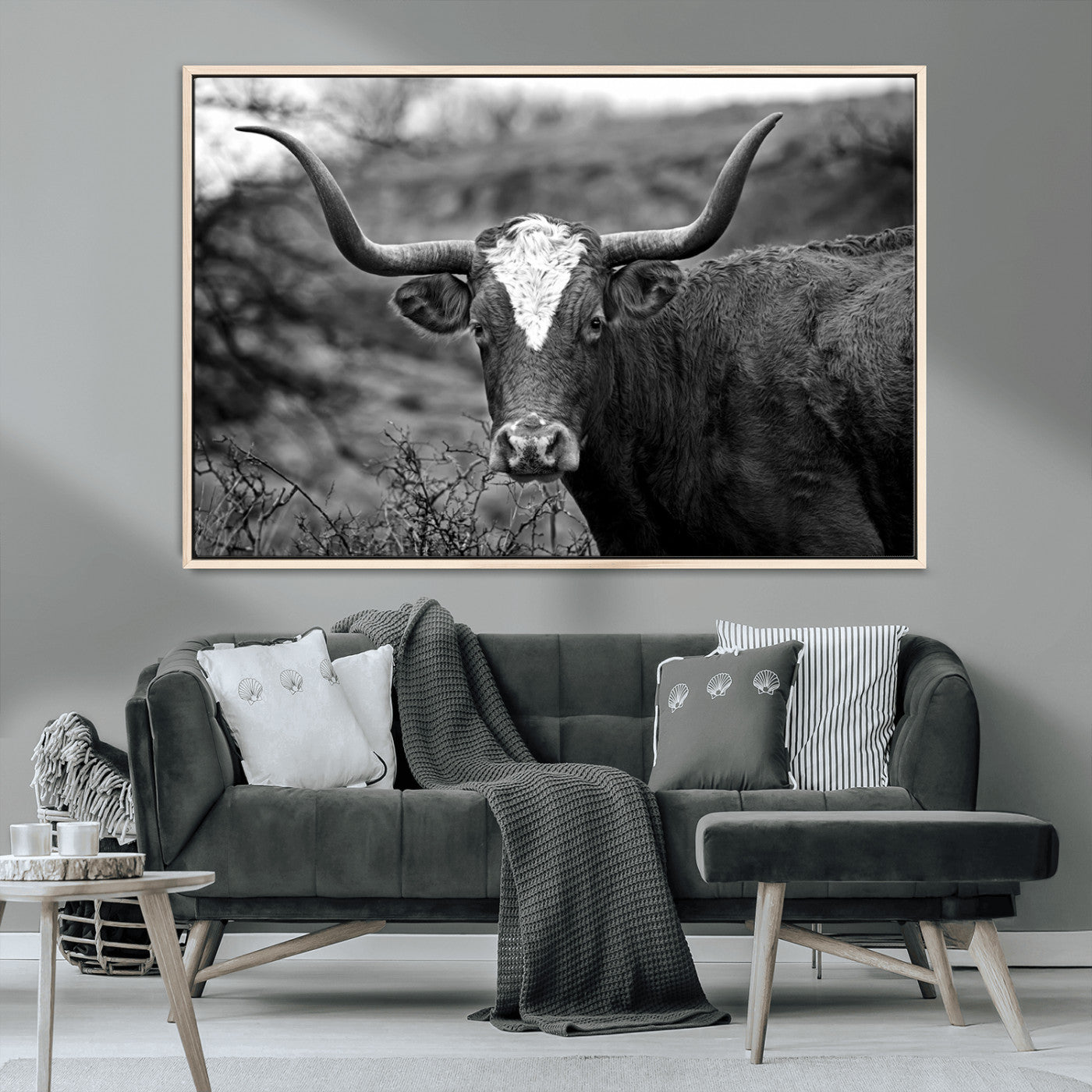 MGV-FC-36X24 - Western Home Wall Art Canvas Print, Framed Texas Longhorn Art Picture Print, Rustic Cow Perfect Rustic Farmhouse Decor Artwork