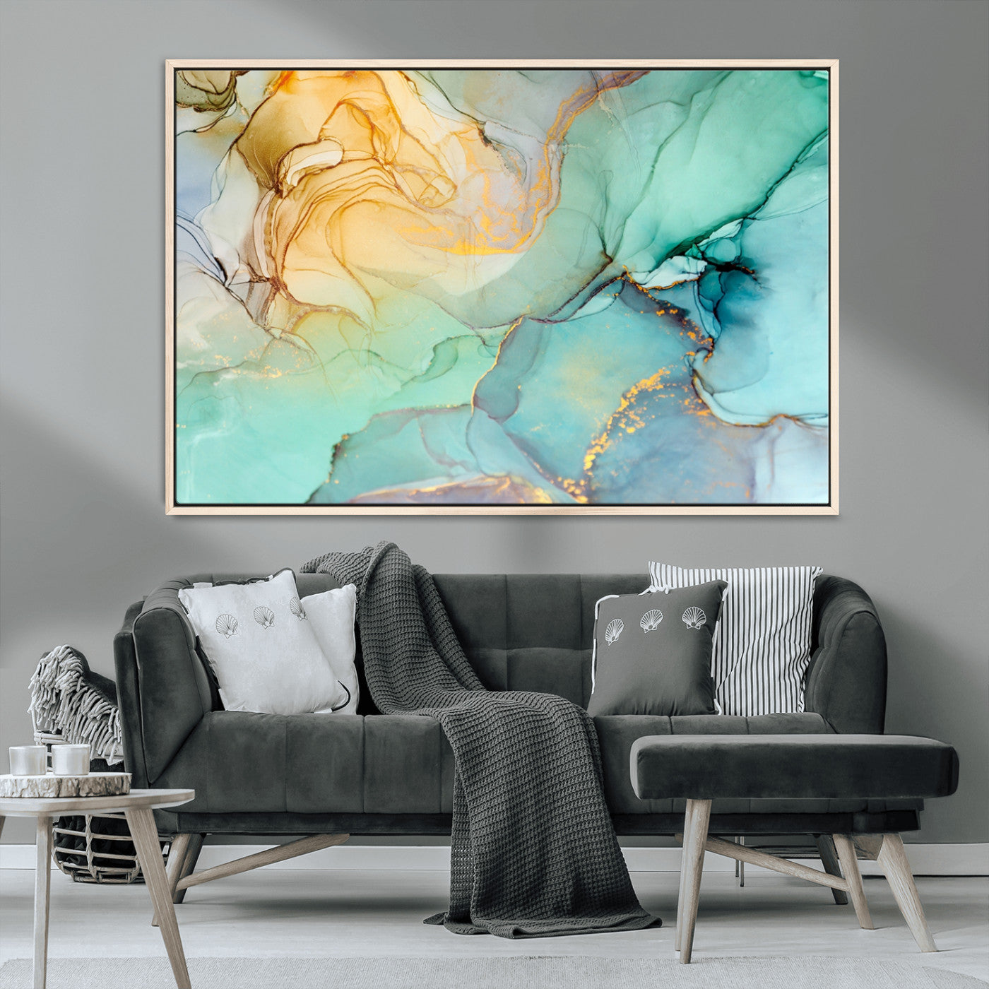 MGV-FC-36X24 - Abstract Aqua and Gold Fluid Wall Art Canvas | 3 Panel Large Canvas Print for Living Room, Office,