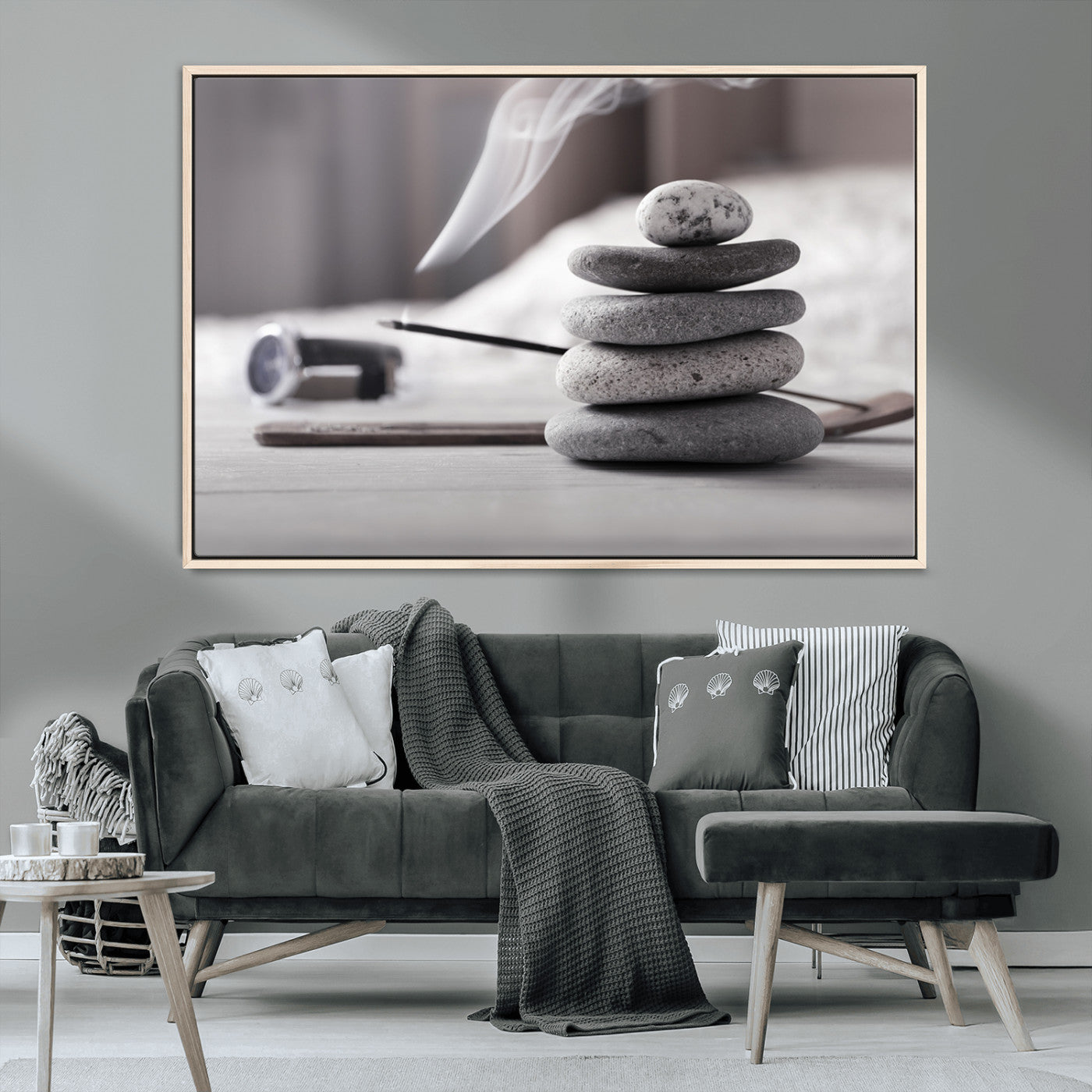 MGV-FC-36X24 - Burning Incense and Zen Stones Buddhism Wall Art, Zen Stones Wall Art Canvas Print