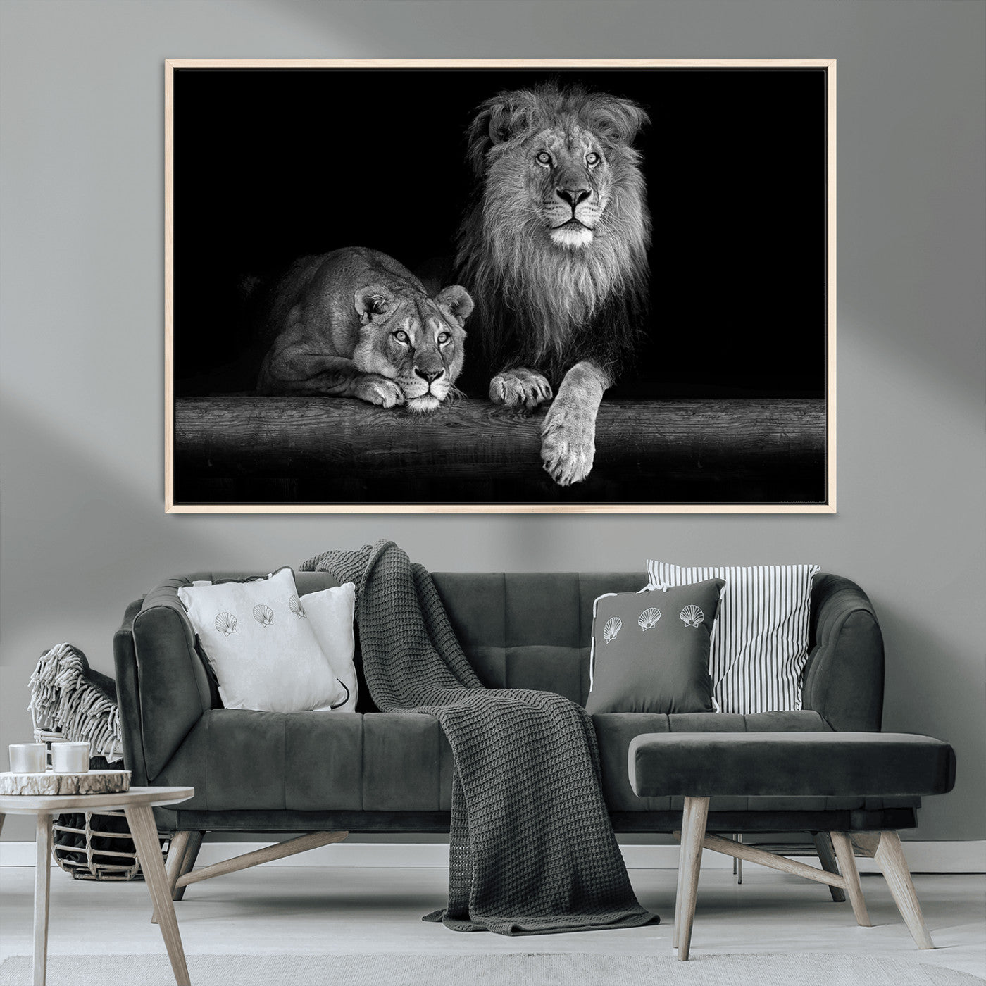 MGV-FC-36X24 - Large Black and White Lion Couple Wall Art Canvas Print