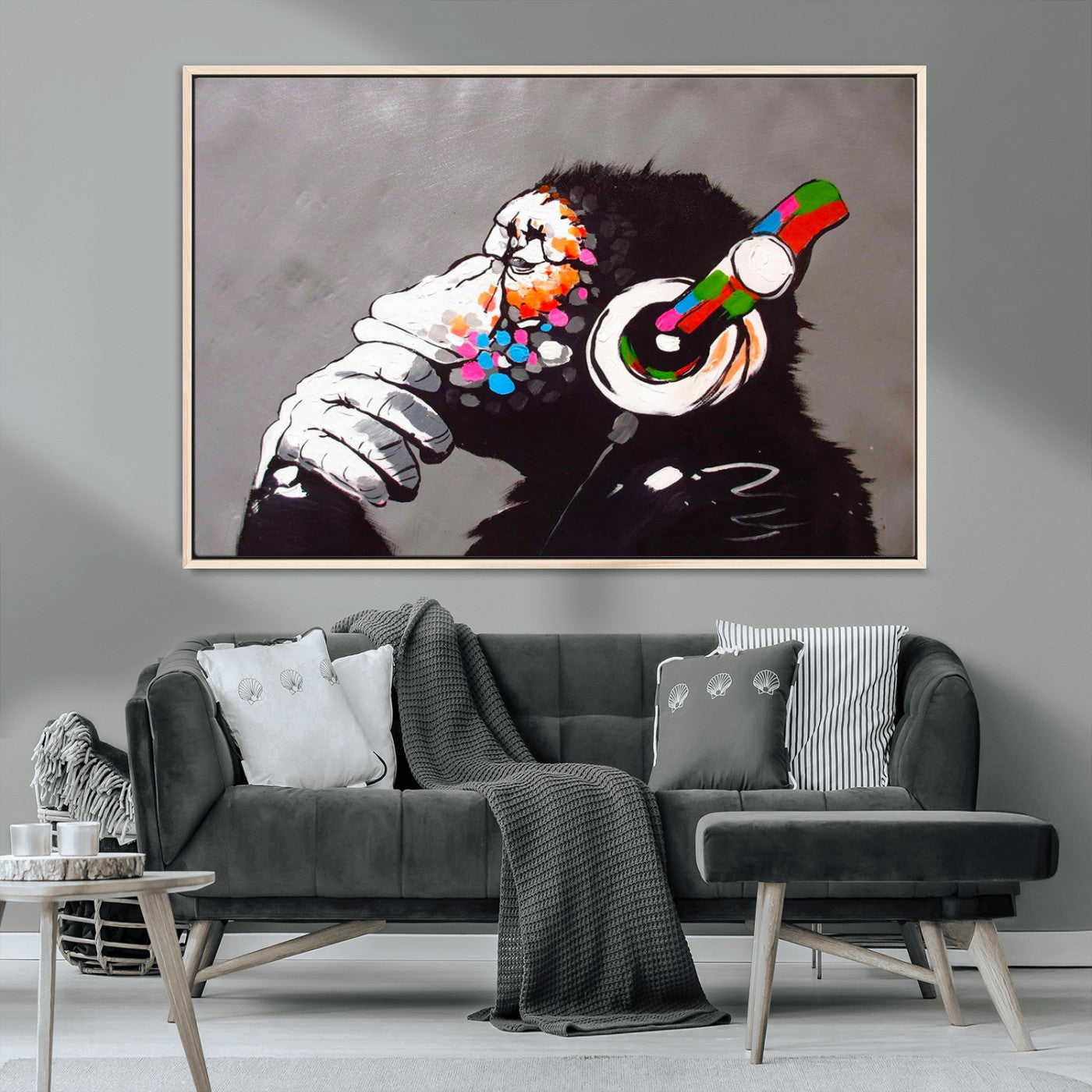MGV-FC-36X24 - Dj Monkey Listening to Music Wall Art Print | Banksy Monkey Large Canvas Print for Living Room,