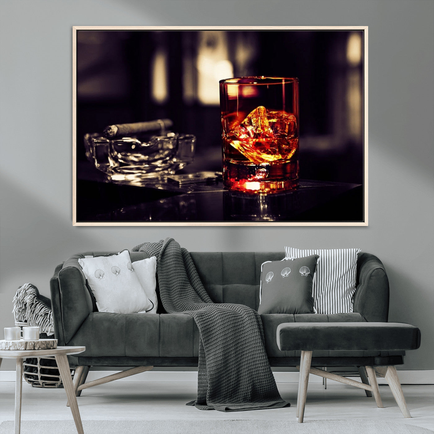 MGV-FC-36X24 - Whiskey and Cigar Canvas – Luxurious Wall Art for Home or Bar – Glass and Cigar Scene Print Canvas