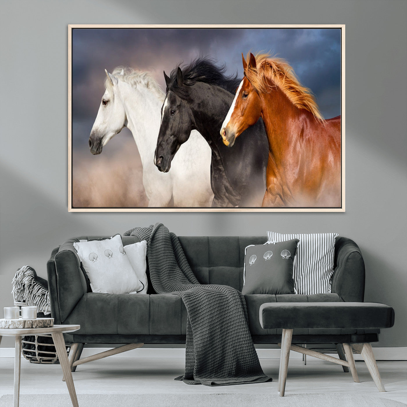 MGV-FC-36X24 - Animal Wall Art Three Horses Farmhouse Art Canvas, Framed Three Horses Canvas Print