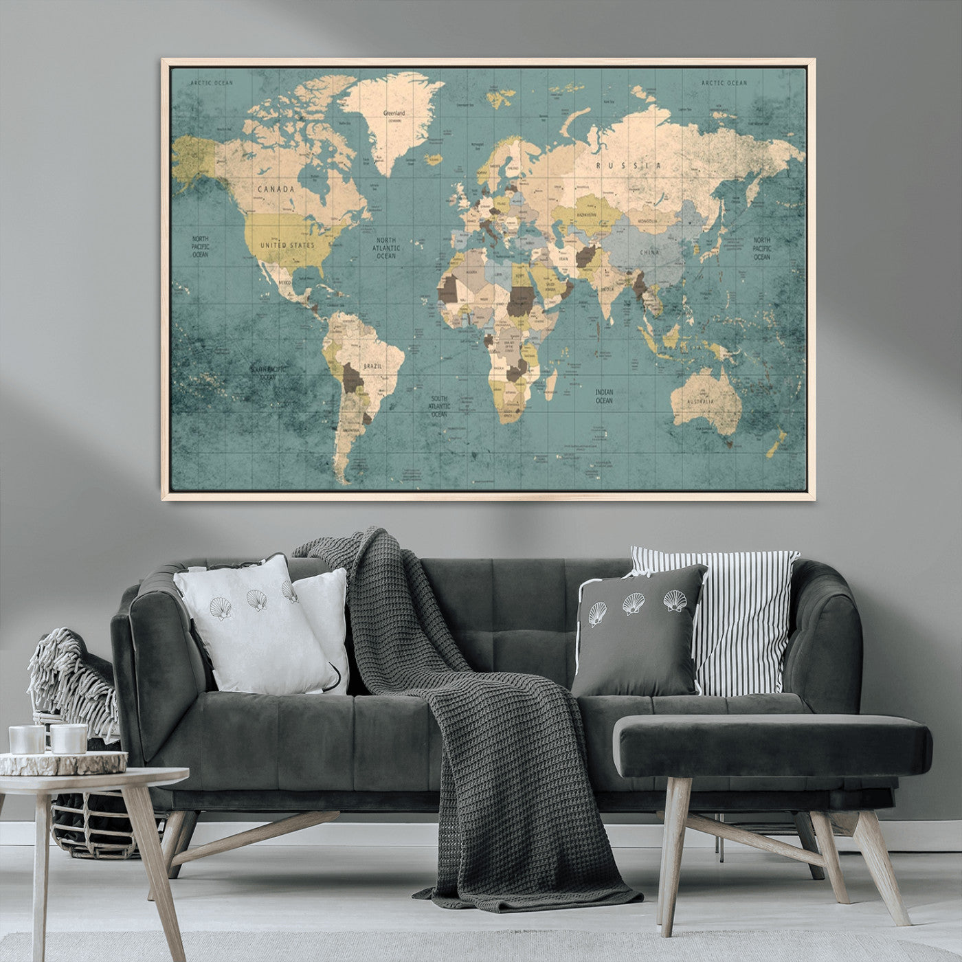 MGV-FC-36X24 - Classic World Map Wall Art Canvas Print, Framed Retro Map Art Picture Print, Vintage Atlas Perfect Rustic Explorer Decor Artwork