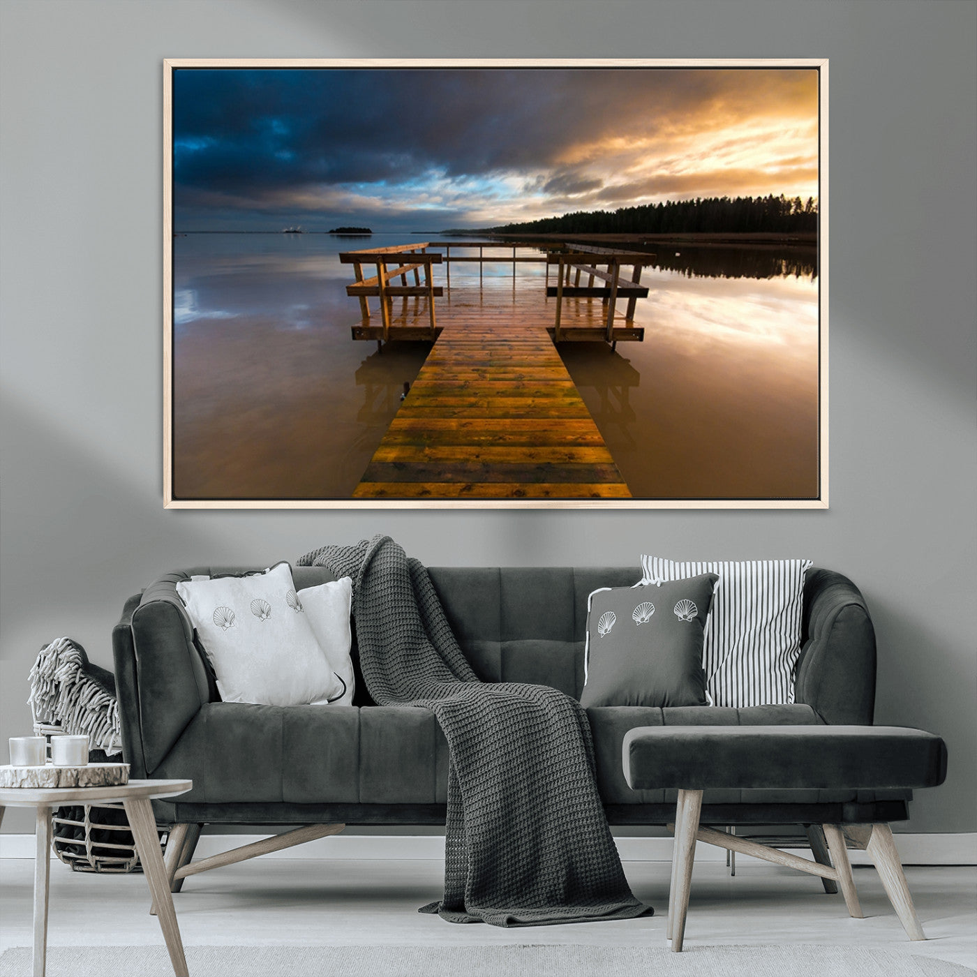 MGV-FC-36X24 - Serene Lake Pier at Sunset Canvas Print | Landscape Canvas Print | Ready to Hang and Framed Wall Art