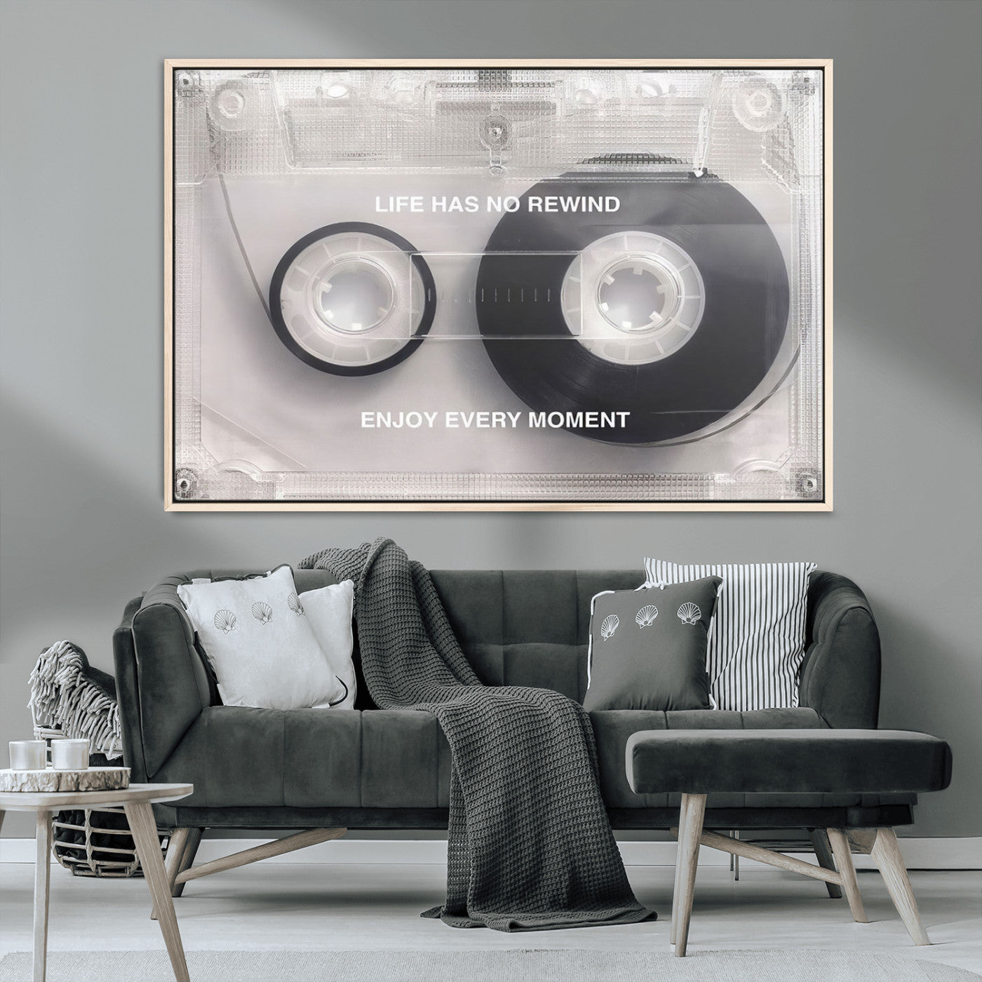 MGV-FC-36X24 - Vintage Cassette Tape Canvas Wall Art - Inspirational 'Life Has No Rewind' Quote, Retro Music Decor
