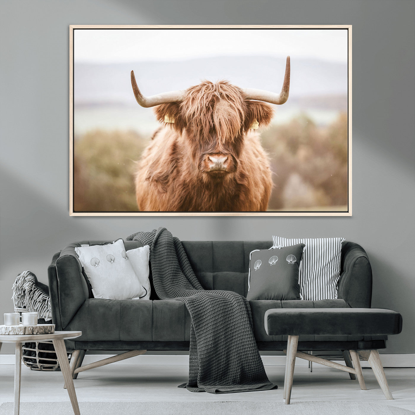 MGV-FC-36X24 - Scottish Serene Highland Cow Canvas Wall Art – Serene Highland Cow in Natural Pastel Tones – Ready