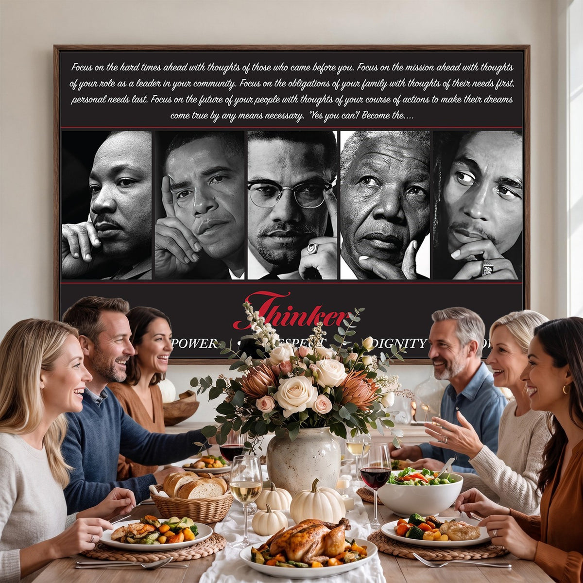 45112-MGV-CV-24X16 - Thinker Quintet Canvas Wall Art | Martin, Obama, Malcolm X, Mandela, Marley, Peace Power Respect Dignity Love