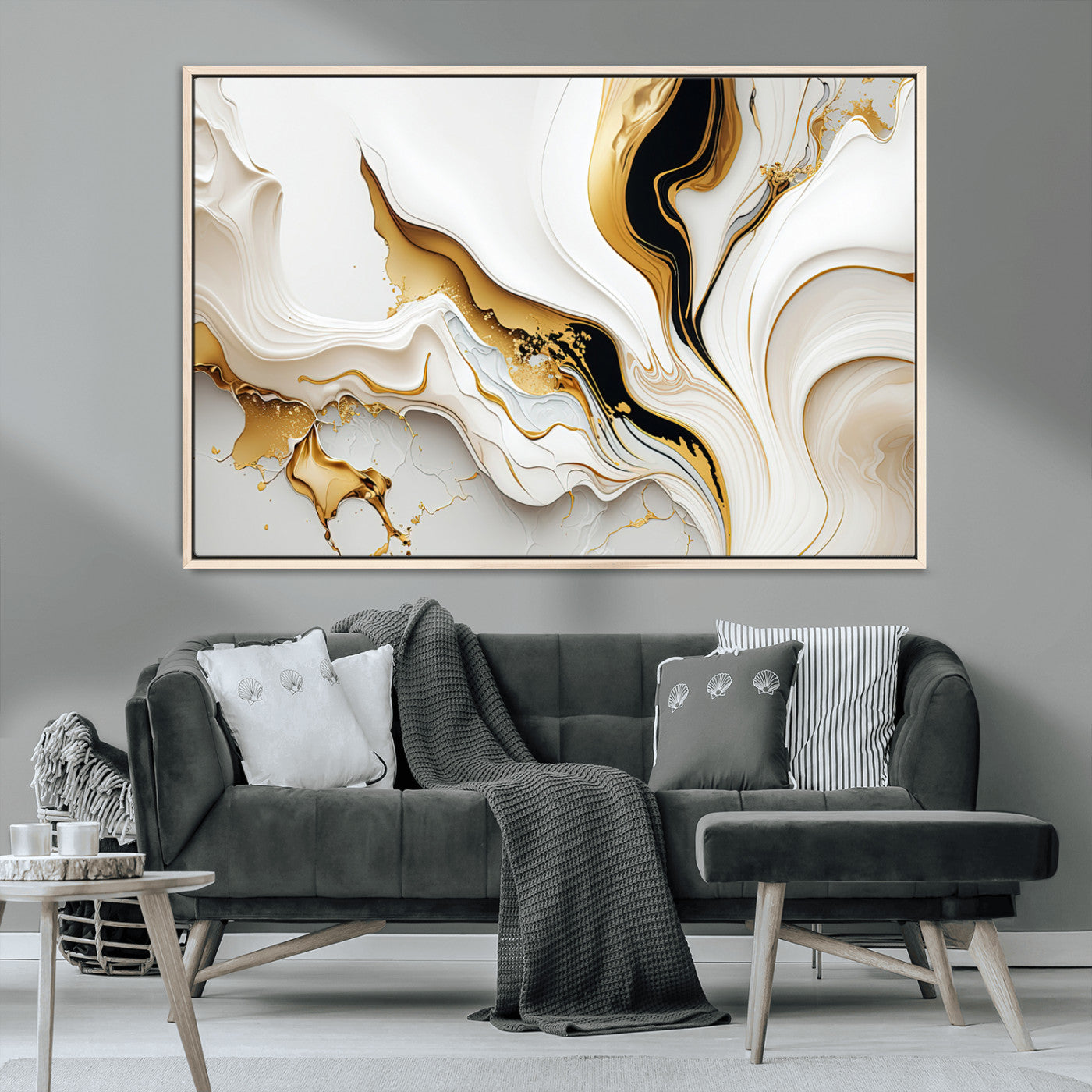 -Gold Waves on Pure White Canvas – Gold Abstract Art for Modern Interiors | Wall Art Canvas, Framed &