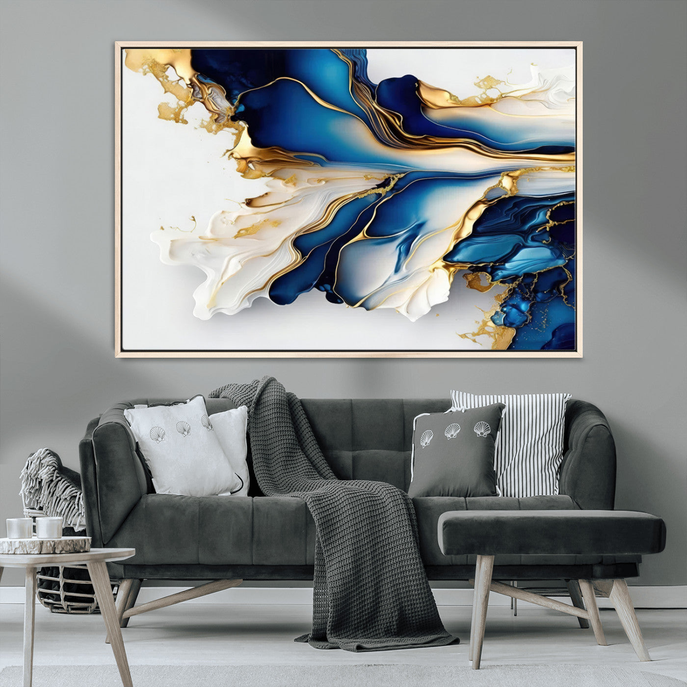 MGV-FC-36X24 - Gold Marble Art - Abstract Geode Gold And Blue Marble Shape 3 Pieces Wall Art Canvas Print