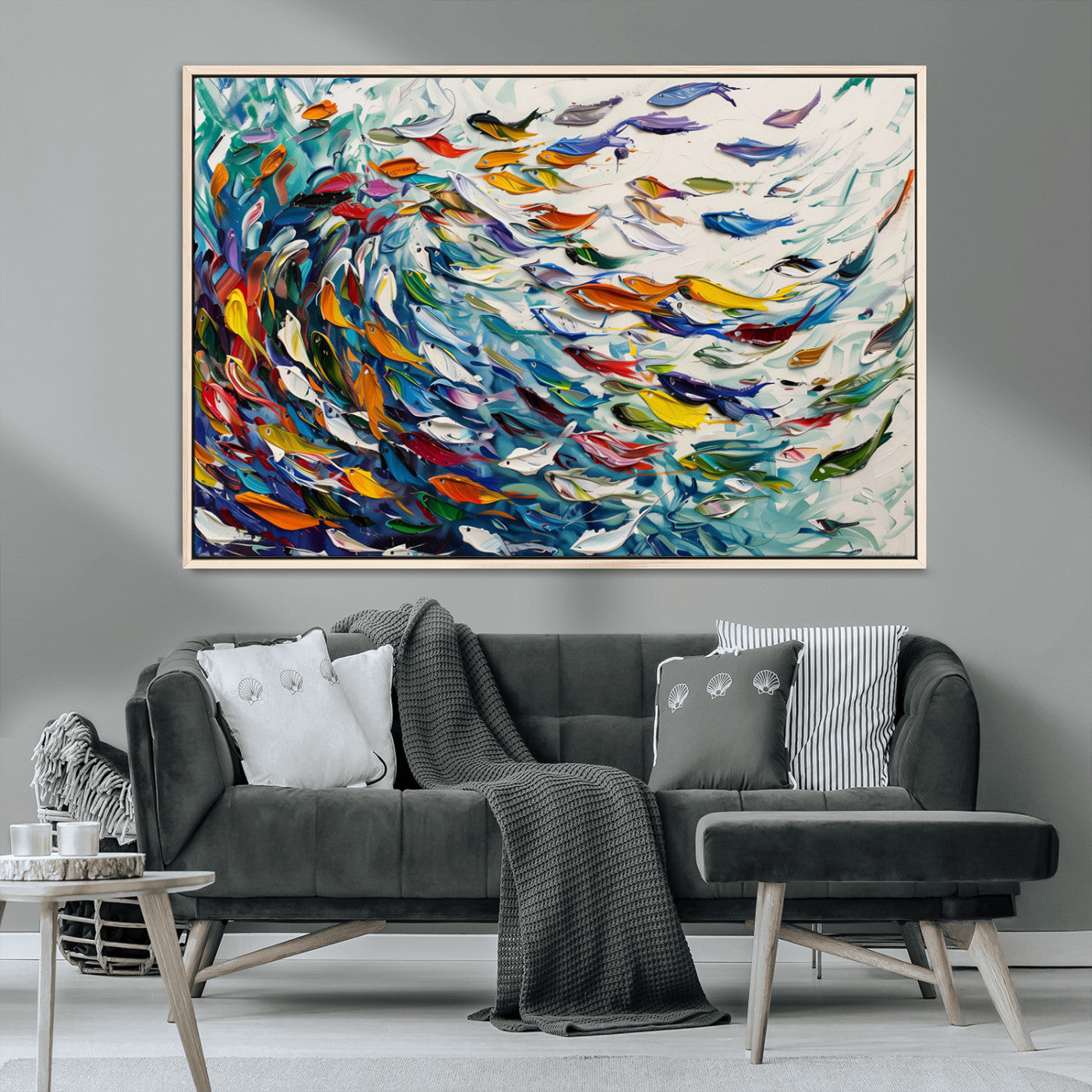 MGV-FC-36X24 - Modern Abstract Fish Shoal Wall Art Canvas Print, Colorful Fish Herd Painting on Canvas Print, Ocean