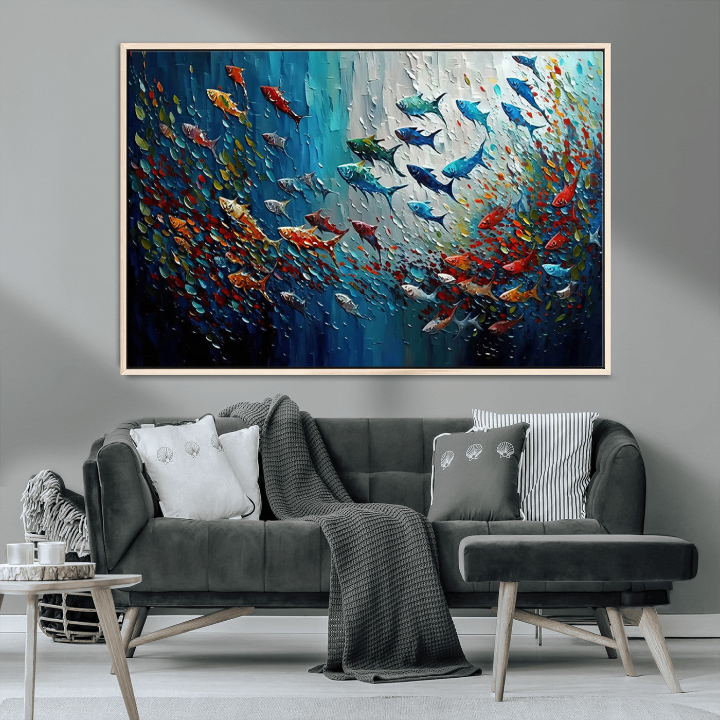 MGV-FC-36X24 - Modern Abstract Fish Shoal Wall Art Canvas Print, Colorful Fish Herd Painting on Canvas Print, Ocean