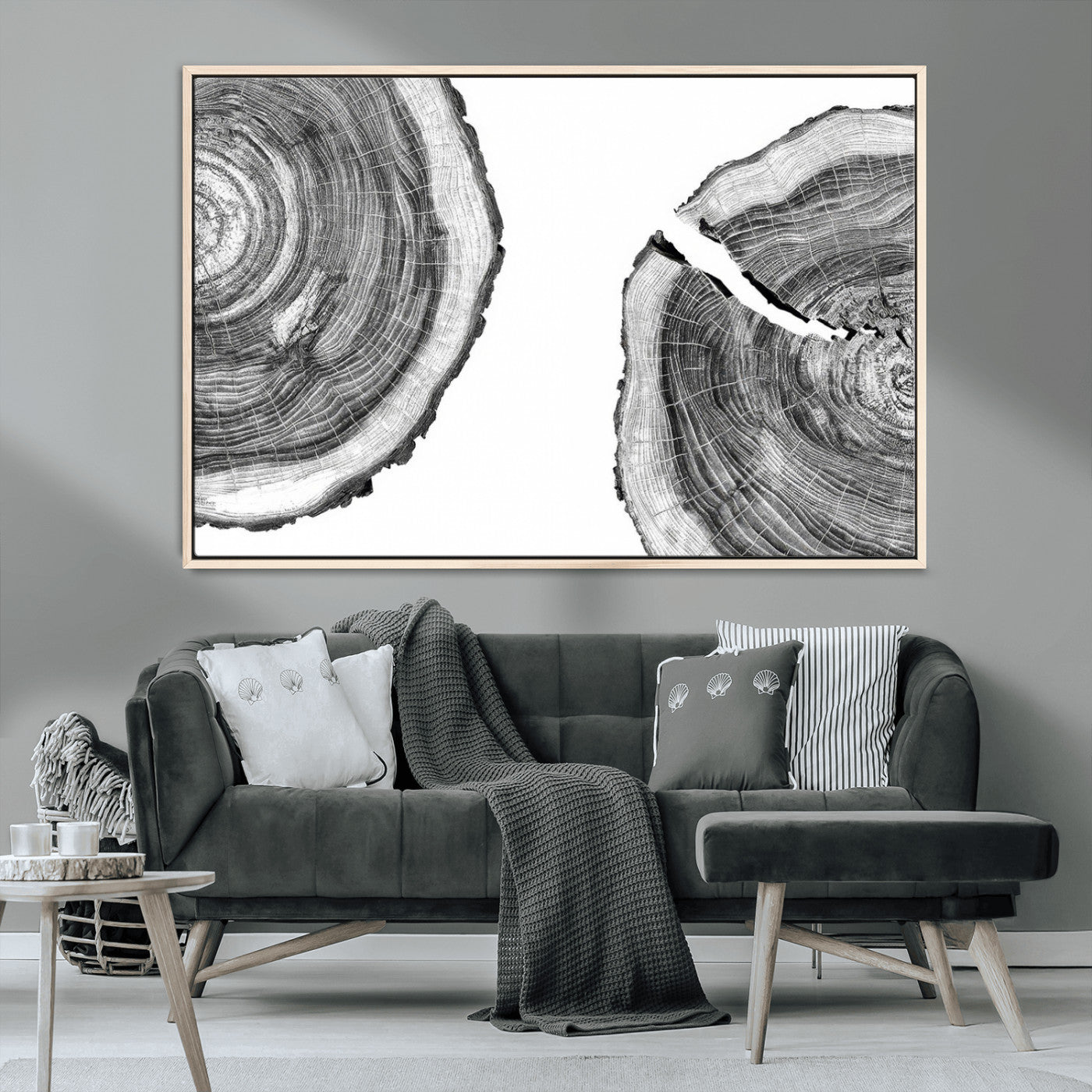 MGV-FC-36X24 - Abstract Large Tree Rings – Minimalist Black and White Wood Art | Triptych Canvas, Modern Wall Decor