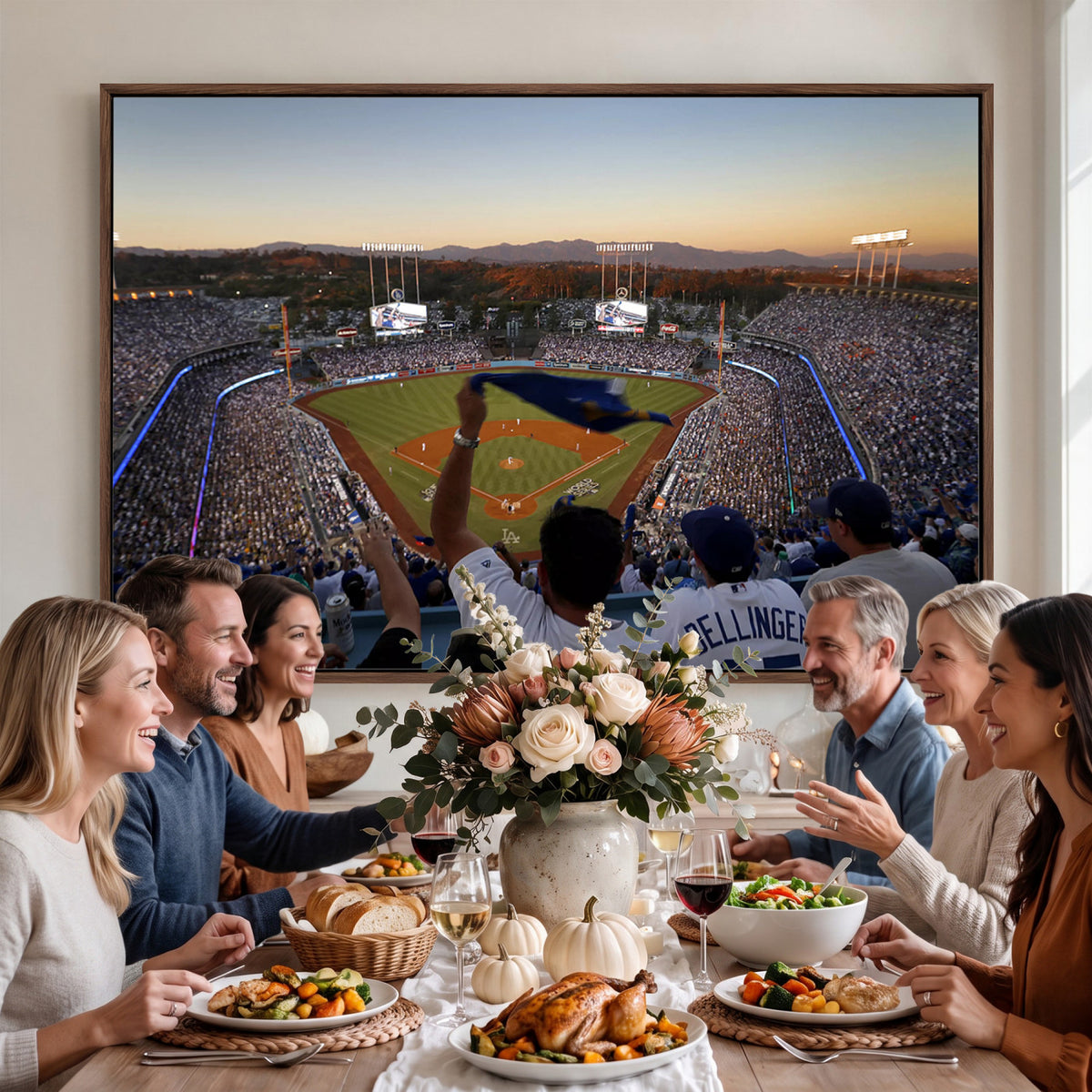 60162-MGV-CV-36X24 - Dodger Stadium Sunset Game Triple Canvas Wall Art, Los Angeles Dodgers MLB Match