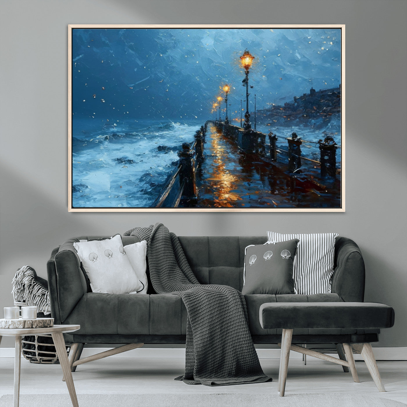 MGV-FC-36X24 - Stormy Night at Beach Pier Oil Painting Large Wall Art Print, Framed Canvas Nature Wall Decor,