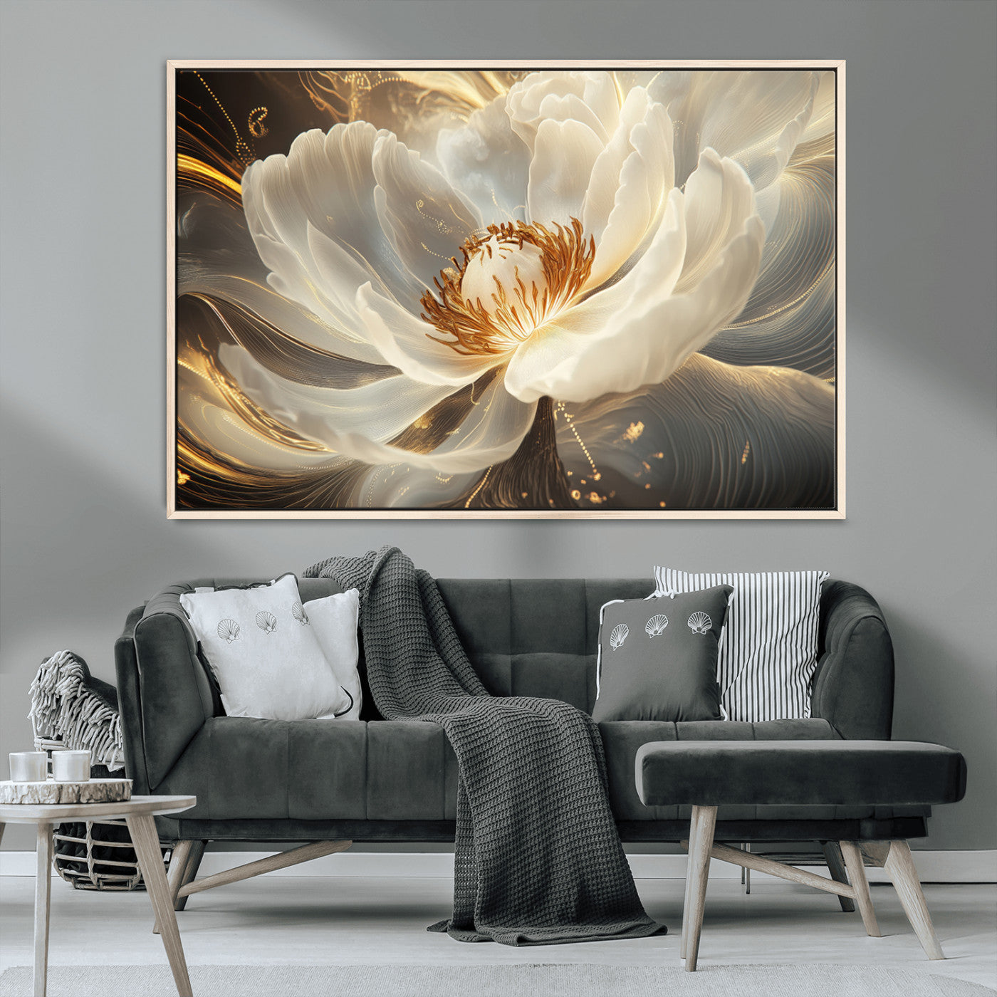 MGV-FC-36X24 - Gold Floral Wall Art Canvas Print, Framed Modern Flower Art Picture Print, Golden Abstract Perfect Vintage Decor Artwork