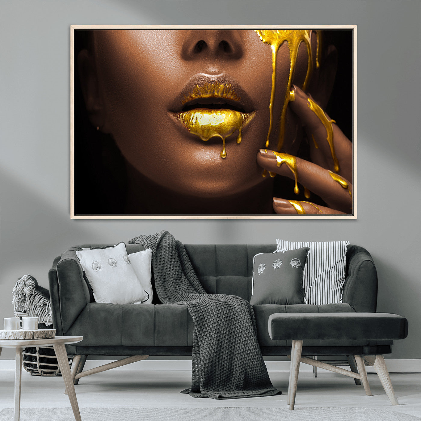 MGV-FC-36X24 - African American Art Black Woman Canvas Print, African Wall Art, Fashion African Woman Gold Lips