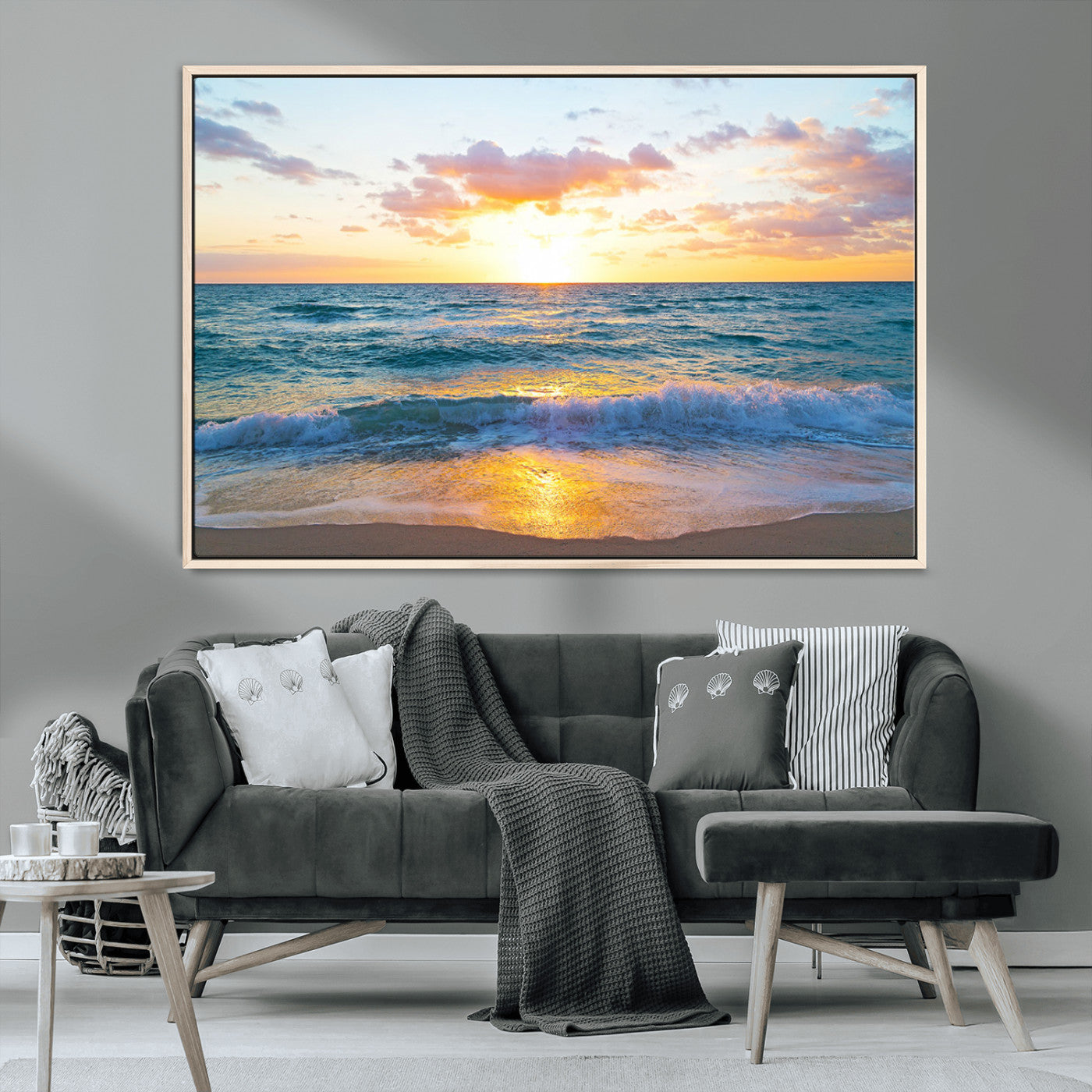 MGV-FC-36X24 - Golden Sunset Over Ocean Waves - Serene Coastal Triptych Wall Art for Relaxing Home Decor, Ready to