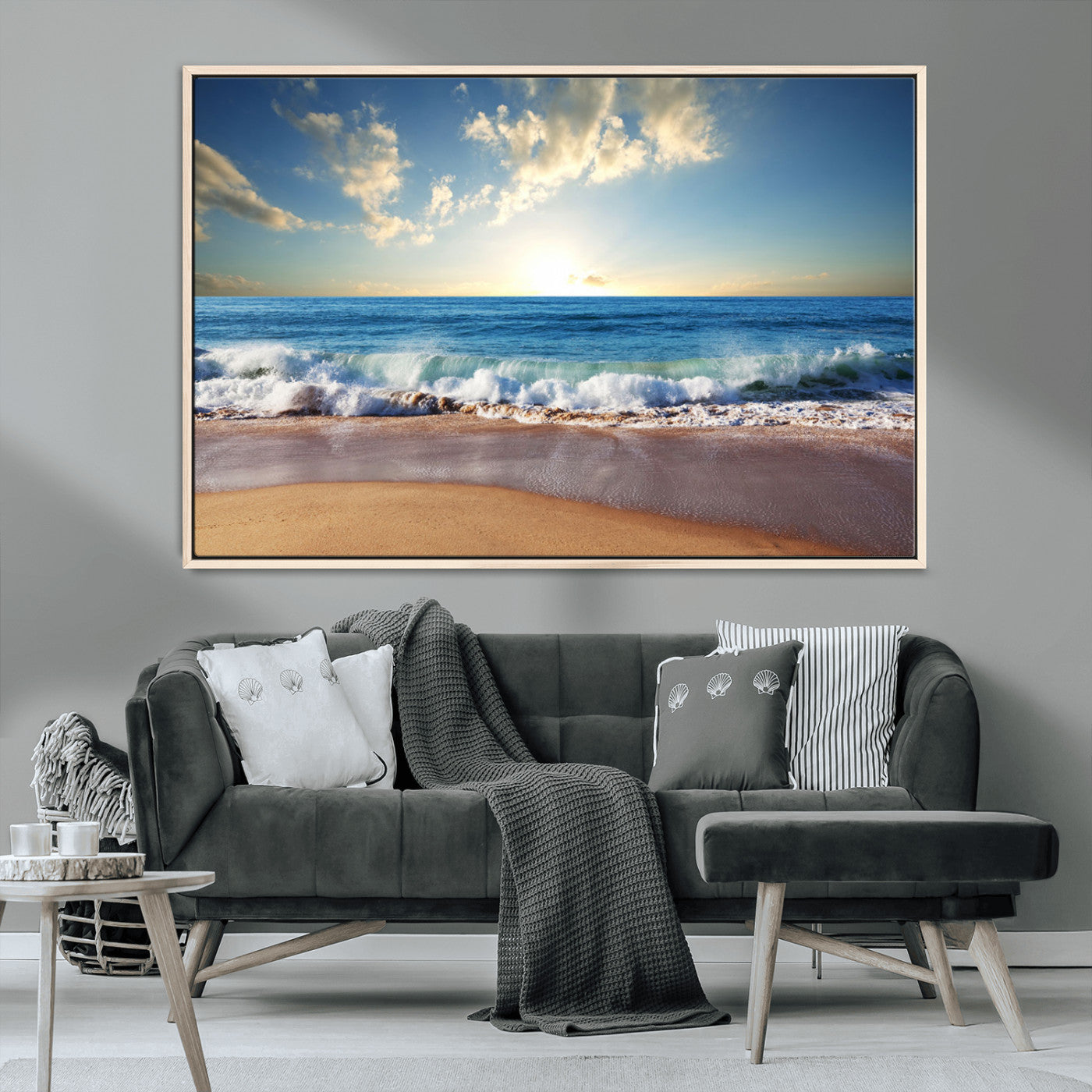 MGV-FC-36X24 - Serene Ocean Sunset Canvas Wall Art - Beach Waves at Sunset, Ready to Hang