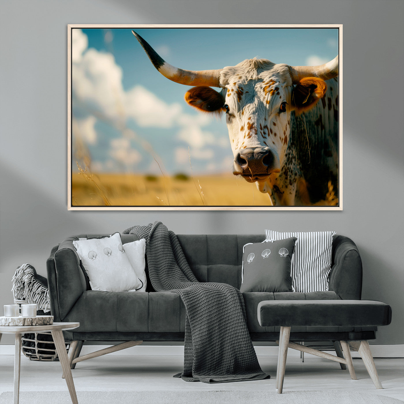 MGV-FC-36X24 - Longhorn in the Prairie - Stunning Ranch-Style Triptych Wall Art for Western Home Decor, Cowboy Wall